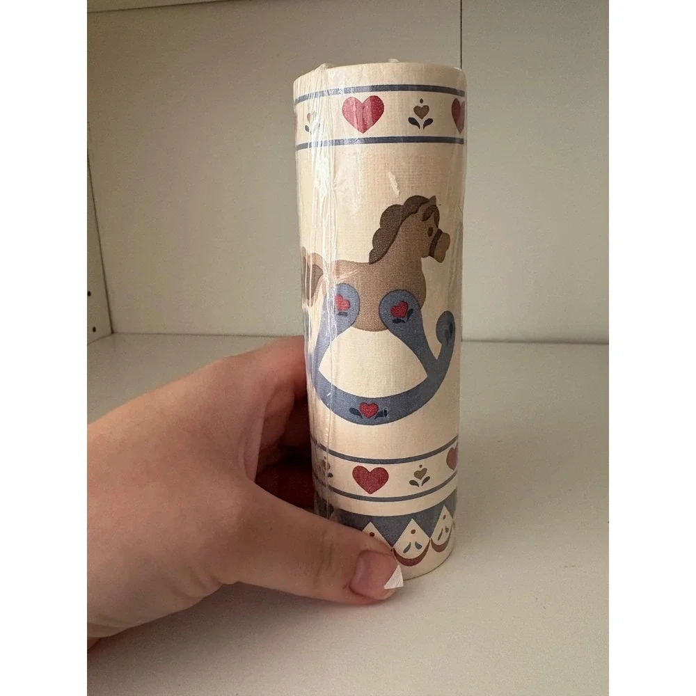 Vintage Rocking Horse Wallpaper Border Country Hearts Nursery Blue Red Cream NEW